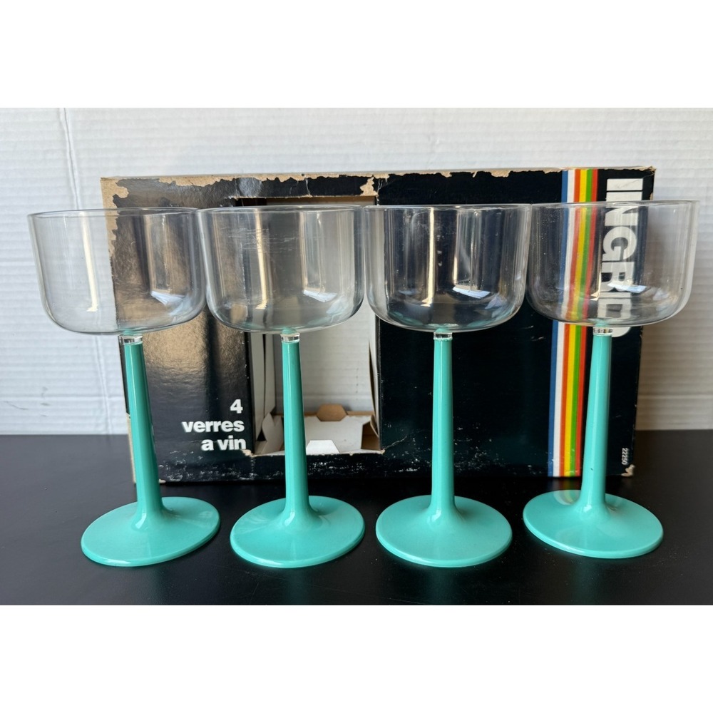 Vintage Ingrid Teal Long Stemmed Plastic Wine Glass Set of 4 Retro Rare